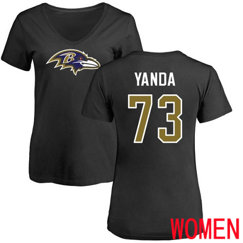 Baltimore Ravens Black Women Marshal Yanda Name and Number Logo NFL Football #73 T Shirt